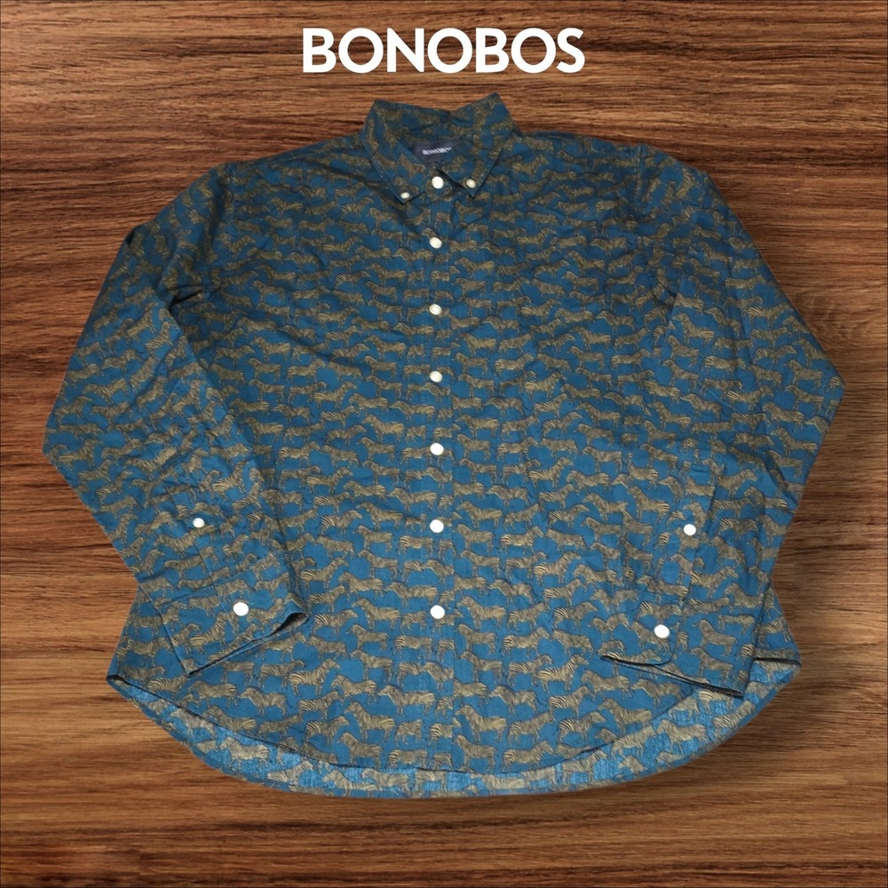 Bonobos Men's‎ Slim Fit LS Zebra Button Down Shirt Preppy Outdoor Safari Teal L